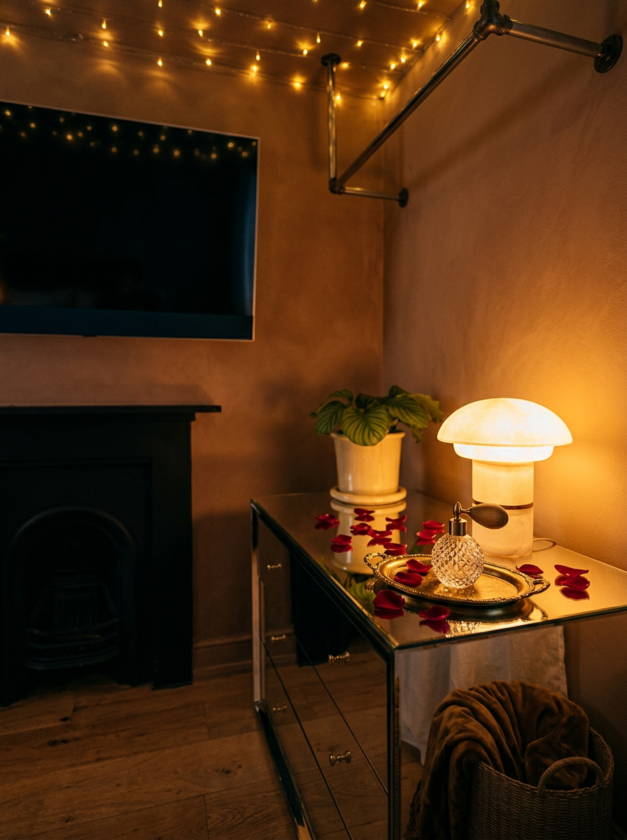 Detail of mirrored chest, alabaster mushroom lamp and rose petals in the Gold Red Lotus studio