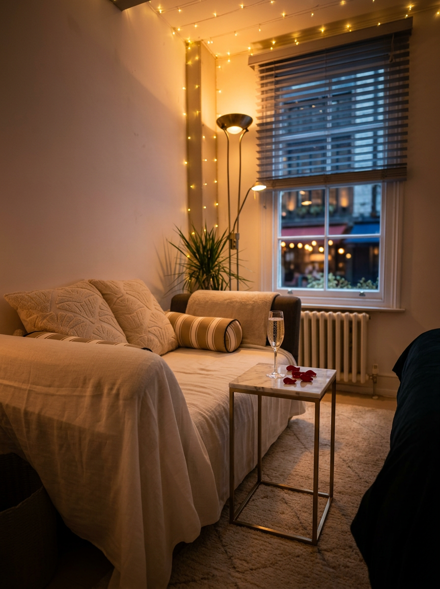 Cosy lounge nook with cream sofa, marble side table and champagne flute under warm fairy lights