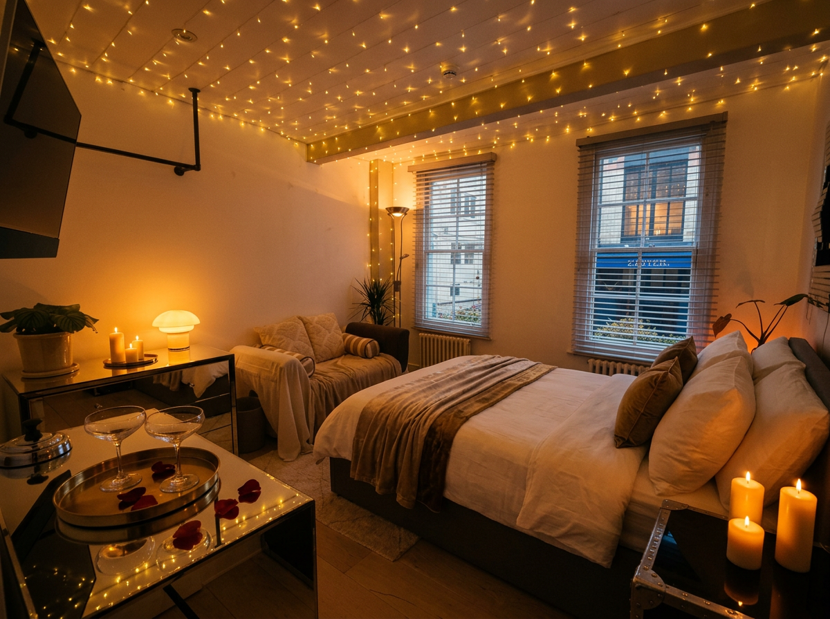 Warm candlelit view of the suite featuring decorative mirror, twin windows and intimate seating