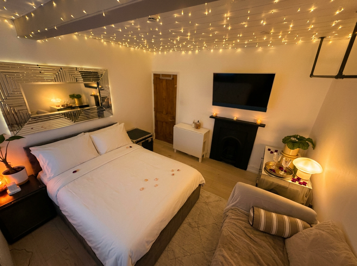 Candlelit Gold Red Lotus suite in Soho with king bed, fairy-lit ceiling and decorative mirror