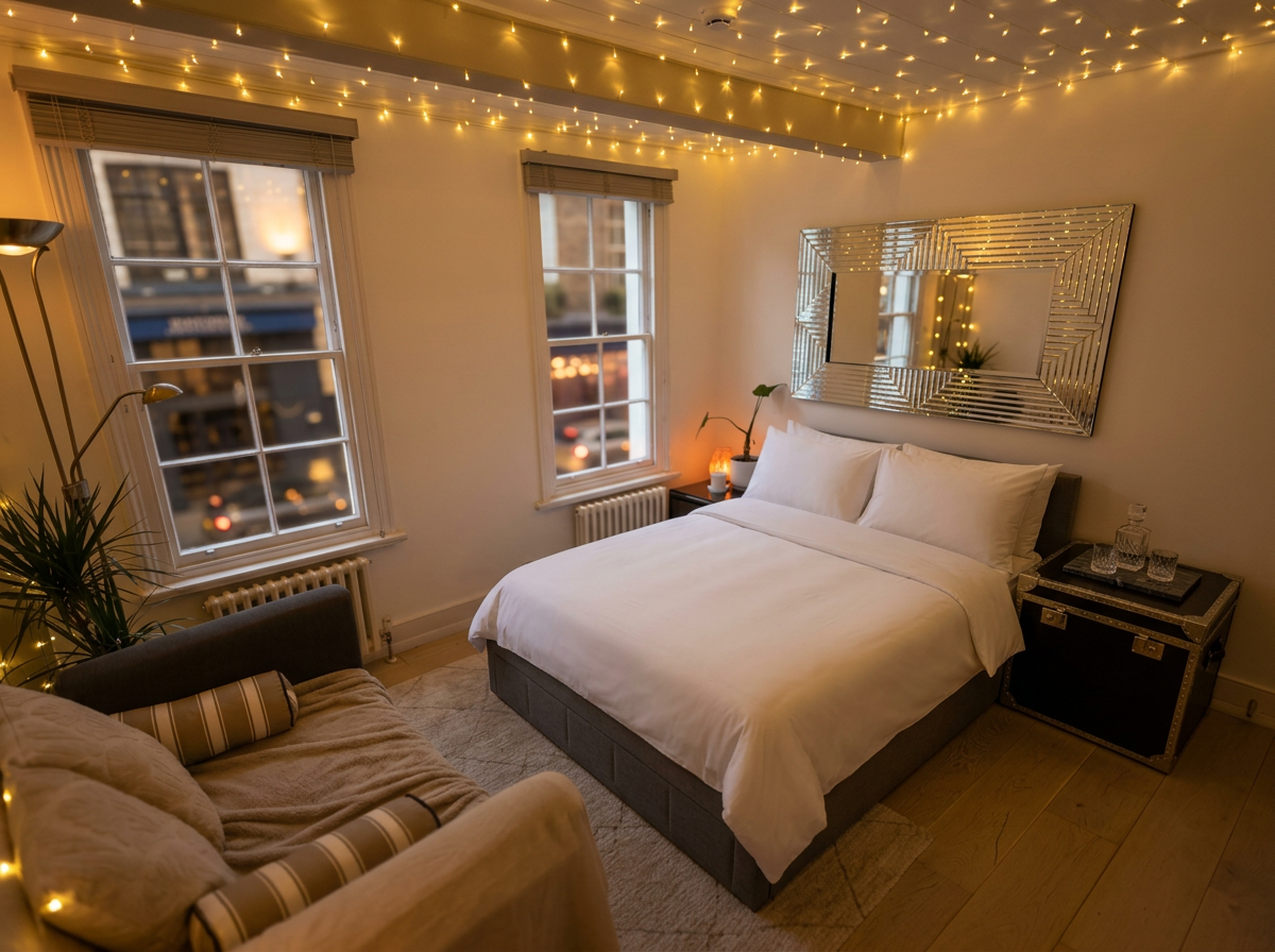 Sash windows overlooking Soho at dusk with crisp white bed and fairy-lit ceiling