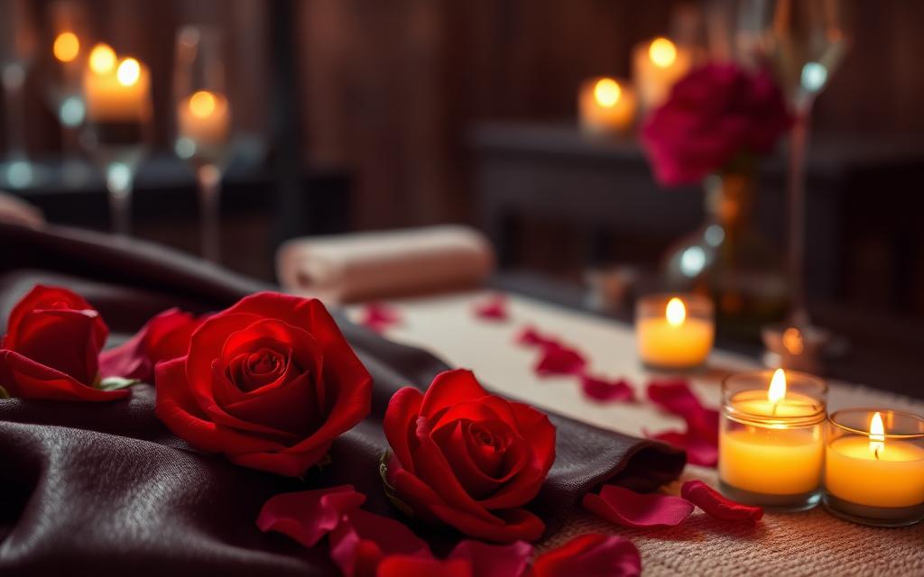 Warm amber massage oil, roses and candlelight in a luxury sensual massage setting