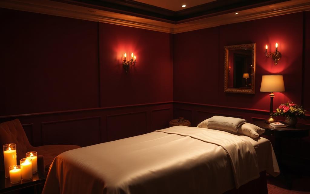 Private burgundy candlelit massage suite for an immersive Gold Lotus Sensual experience