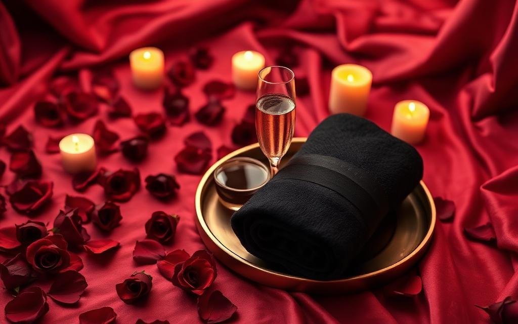 Crimson velvet, champagne gold tray and roses prepared for an extended sensual experience