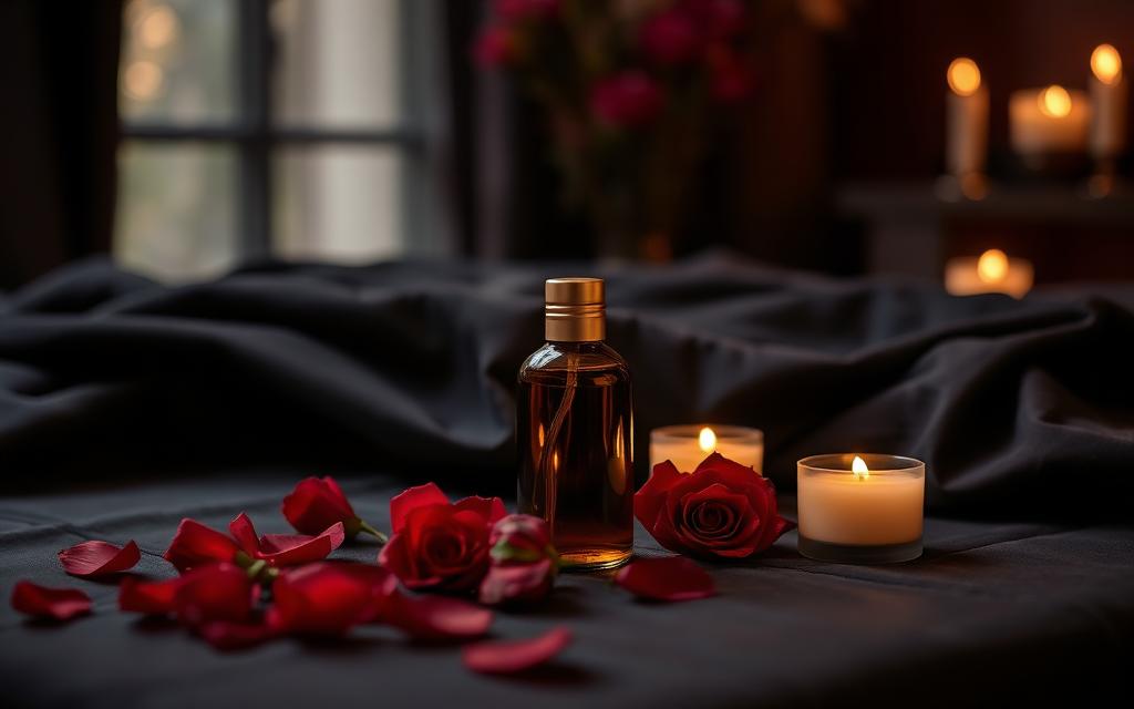Candlelit black silk, rose petals and warm massage oil for a discreet Gold Lotus Sensual session